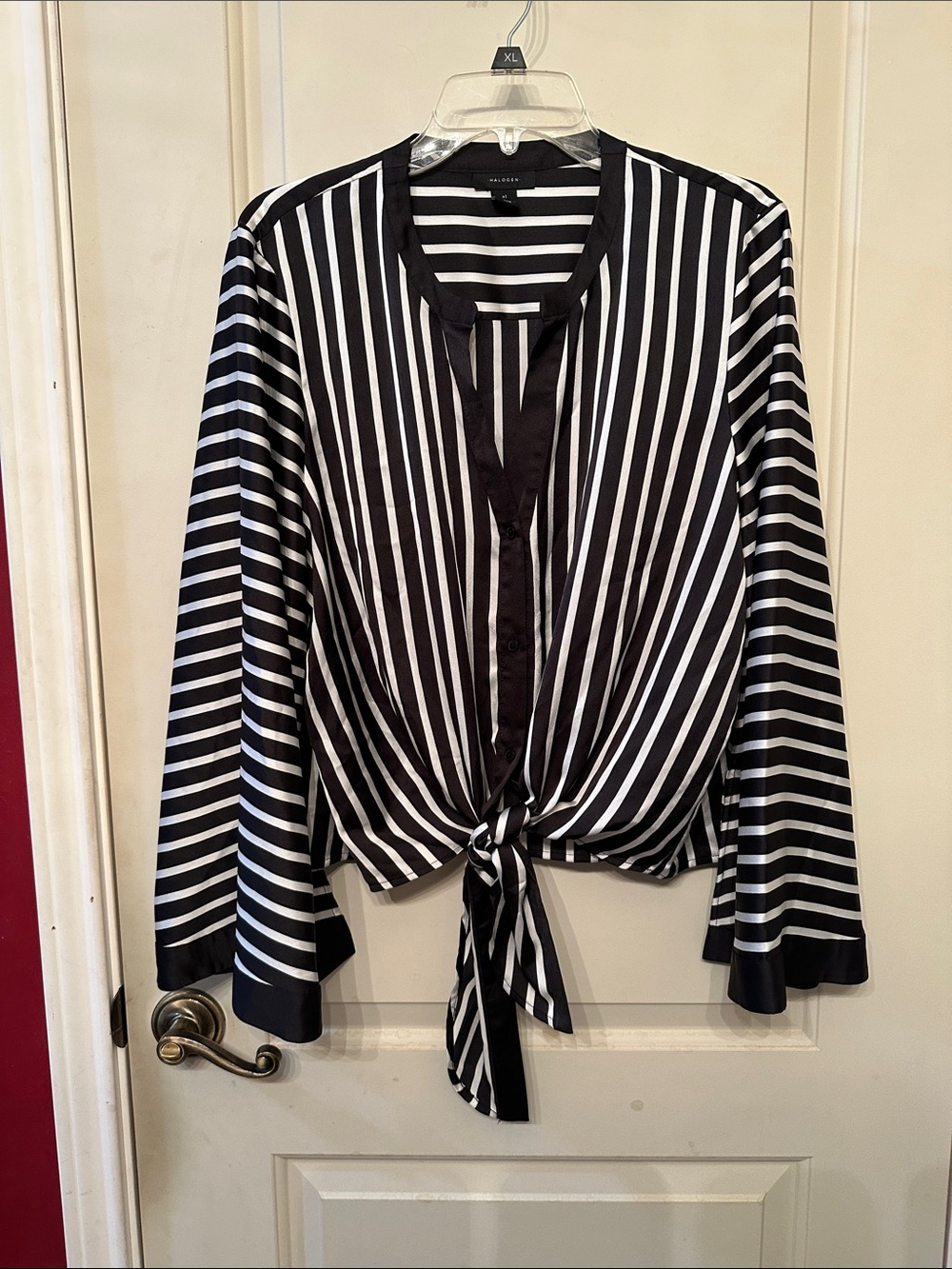 Halogen Black & White Vertical Stripe Tie-Front Blouse